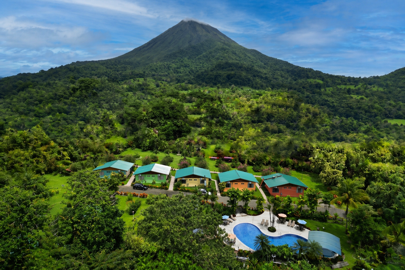 Hotel Villas Vilma gardens, pool, and Arenal Volcano